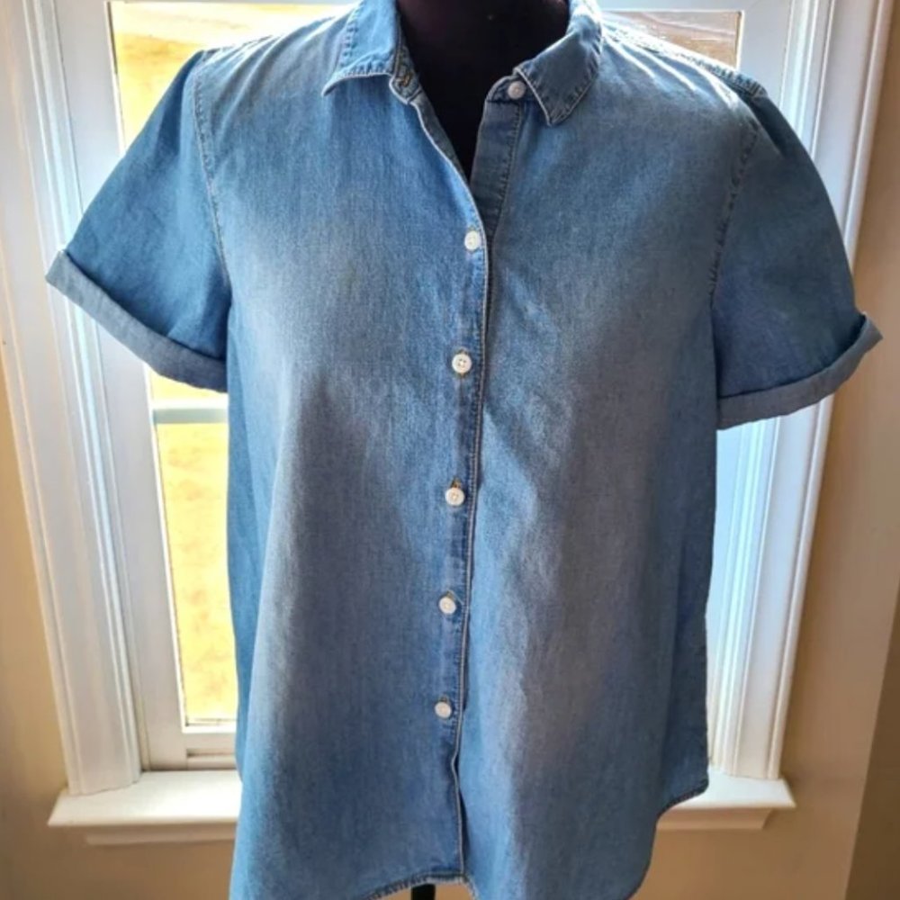 J.Jill Denim Chambray 100% Cotton Button Down Short Sleeve Top Size XL EUC